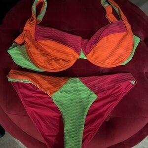 Vetchy Colorblock Orange Pink Green Underwire Bikini - Women Swim